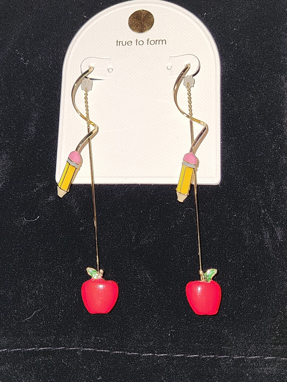 True to Form Gold Dangle Earrings with Red Apple & Yellow Pencil Charms Te